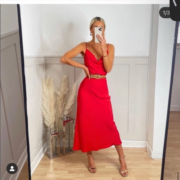 Zara bright Red Satin Effect Lingerie Style maxi Cowl Neck Dress Size XS NWT - Picture 3 of 16